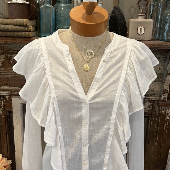 PAIGE FARREN RUFFLE SHOULDER & BODICE Button Front Mandarin Collar SHIRT Blouse - Picture 2 of 7